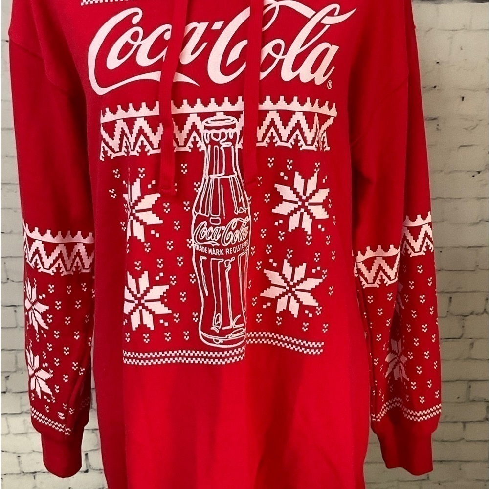 Coca Cola Womens Red Holiday Long Sleeve‎ Hooded Graphic Sweatshirt Dress S H2 - Picture 4 of 11